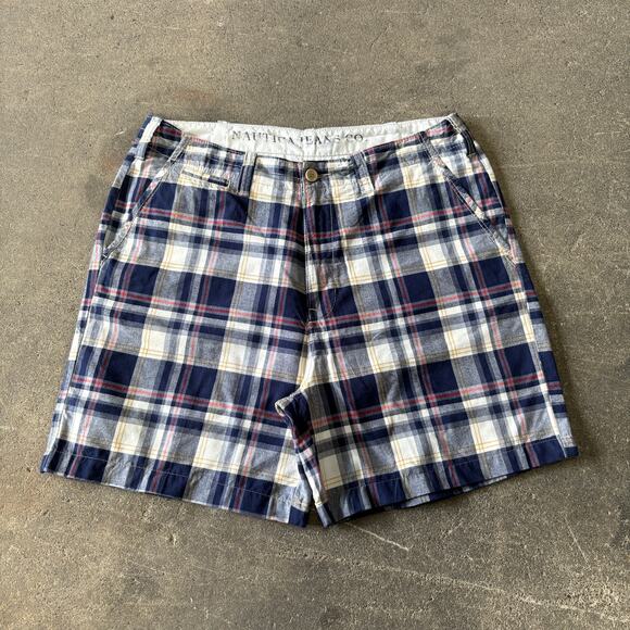Nautica Plaid N-3 Shorts Mens 36 Blue Chino Summer Pocket Flap 6" Preppy Beach - Picture 1 of 9